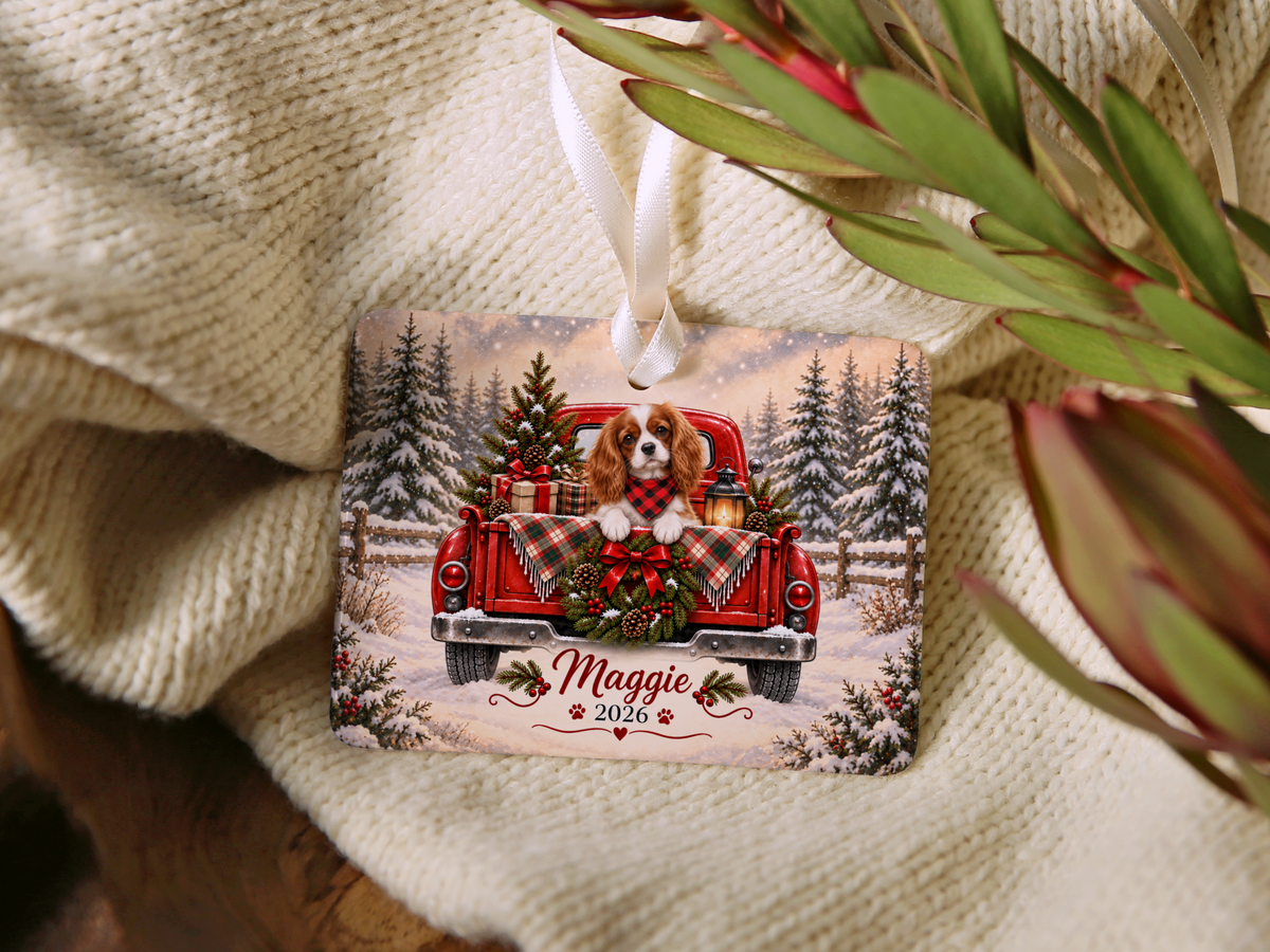Personalized Blenheim Cavalier Ornament, Christmas Red Truck, Custom Name and Year