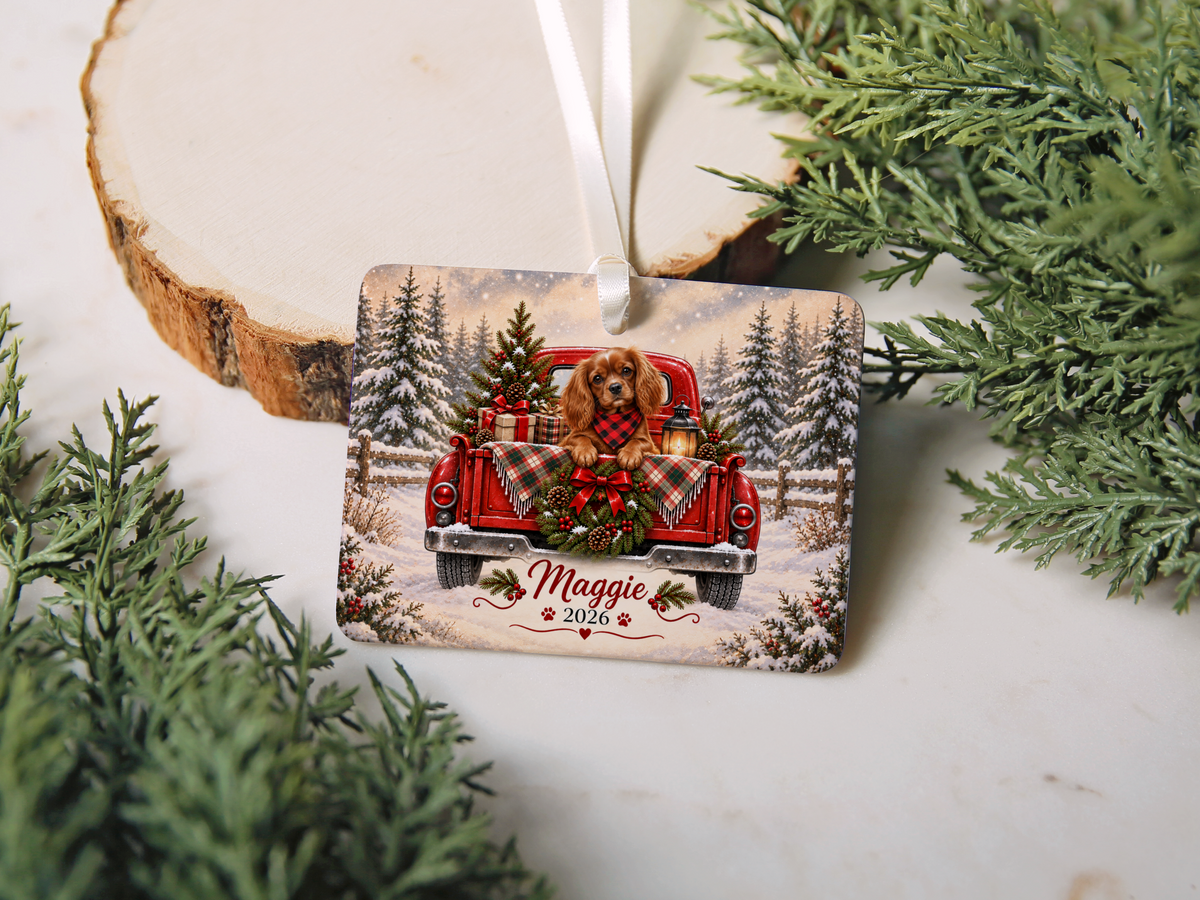 Personalized Ruby Cavalier Ornament, Christmas Red Truck, Custom Name and Year
