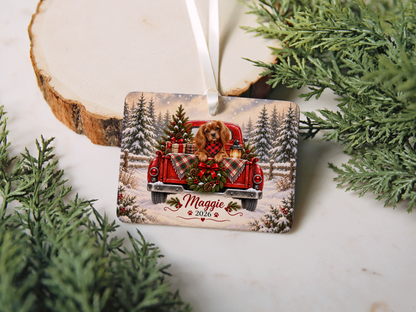 Personalized Ruby Cavalier Ornament, Christmas Red Truck, Custom Name and Year