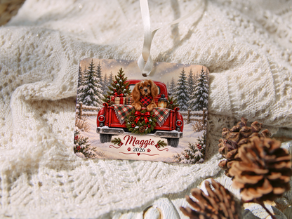 Personalized Ruby Cavalier Ornament, Christmas Red Truck, Custom Name and Year