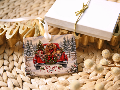 Personalized Ruby Cavalier Ornament, Christmas Red Truck, Custom Name and Year