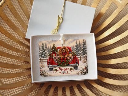 Personalized Ruby Cavalier Ornament, Christmas Red Truck, Custom Name and Year