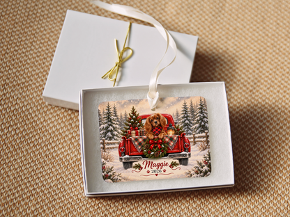 Personalized Ruby Cavalier Ornament, Christmas Red Truck, Custom Name and Year