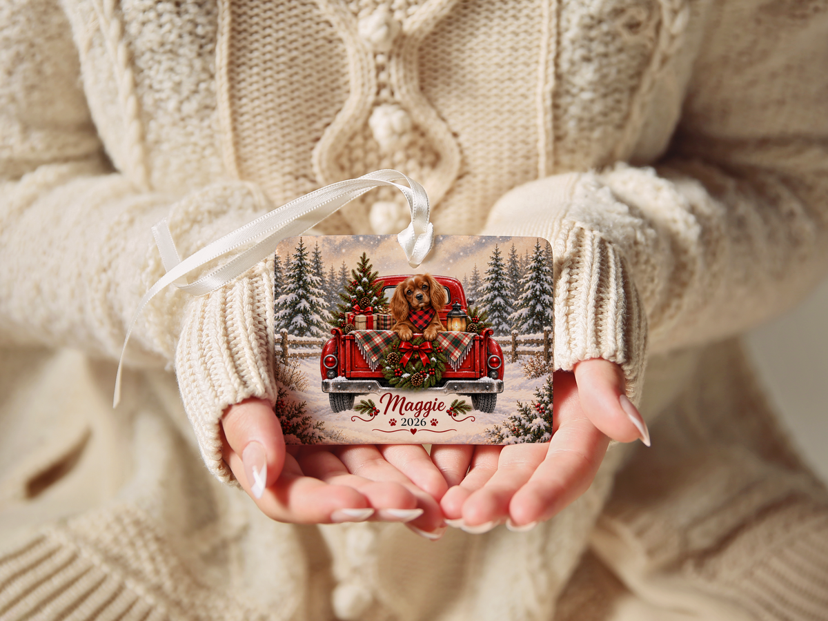 Personalized Ruby Cavalier Ornament, Christmas Red Truck, Custom Name and Year