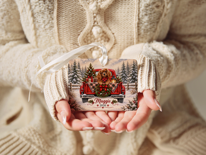 Personalized Ruby Cavalier Ornament, Christmas Red Truck, Custom Name and Year