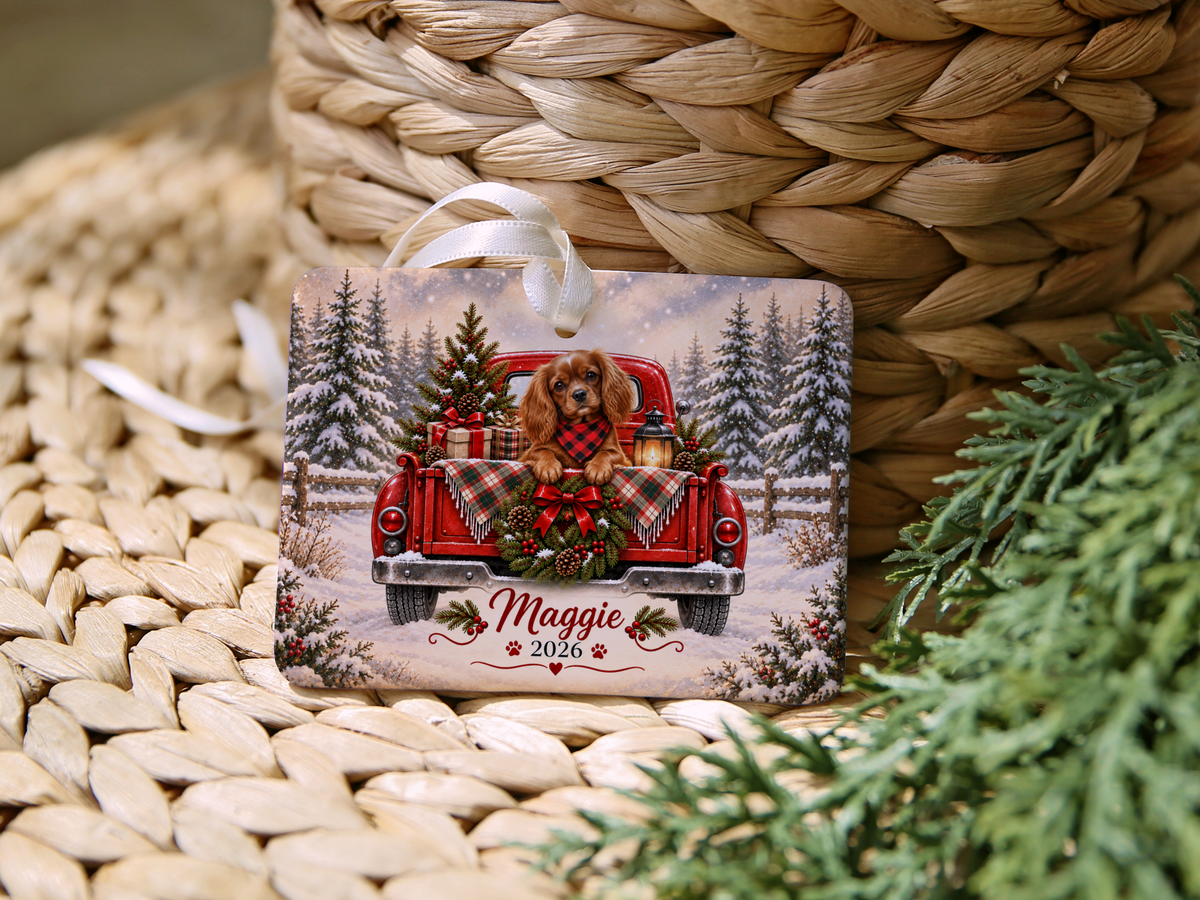 Personalized Ruby Cavalier Ornament, Christmas Red Truck, Custom Name and Year