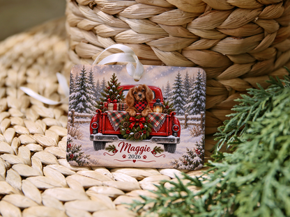 Personalized Ruby Cavalier Ornament, Christmas Red Truck, Custom Name and Year