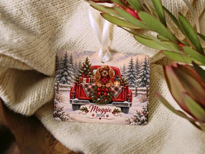 Personalized Ruby Cavalier Ornament, Christmas Red Truck, Custom Name and Year