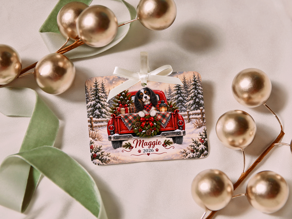 Personalized Tricolor Cavalier Ornament, Christmas Red Truck, Custom Name and Year