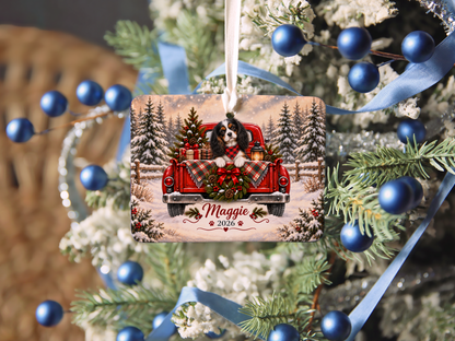 Personalized Tricolor Cavalier Ornament, Christmas Red Truck, Custom Name and Year