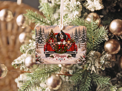 Personalized Tricolor Cavalier Ornament, Christmas Red Truck, Custom Name and Year