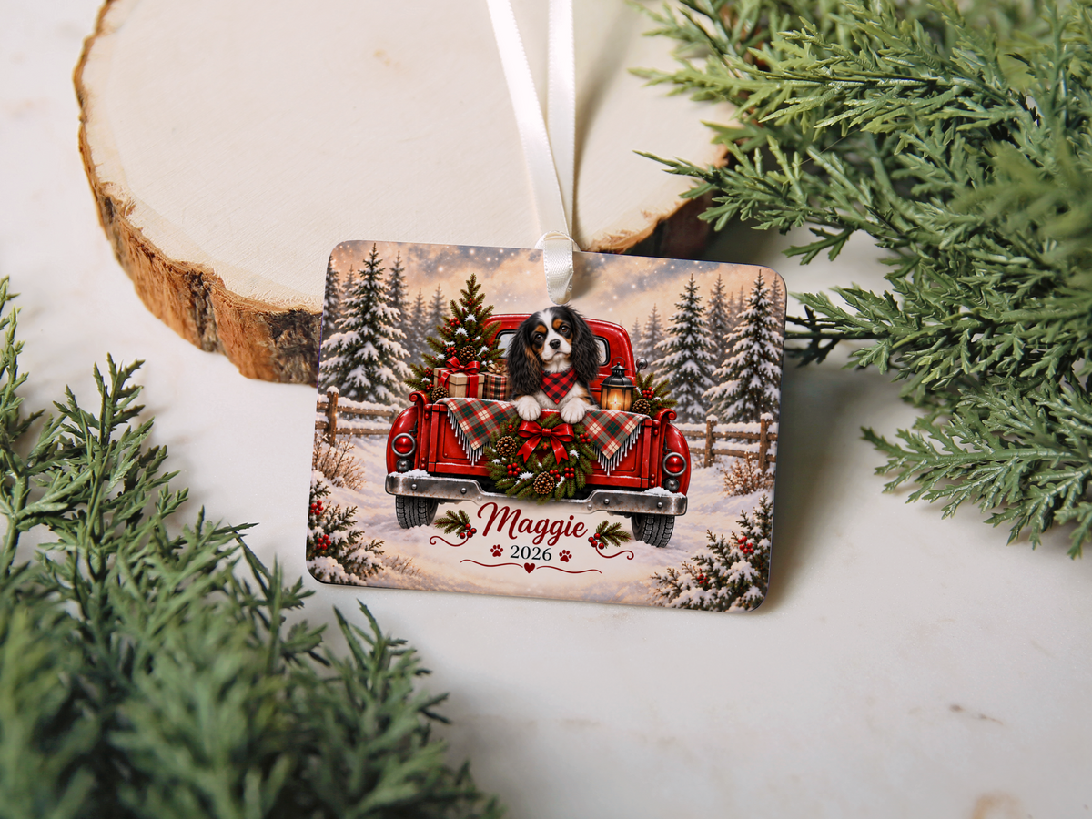Personalized Tricolor Cavalier Ornament, Christmas Red Truck, Custom Name and Year