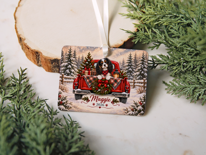 Personalized Tricolor Cavalier Ornament, Christmas Red Truck, Custom Name and Year