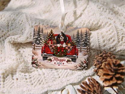 Personalized Tricolor Cavalier Ornament, Christmas Red Truck, Custom Name and Year