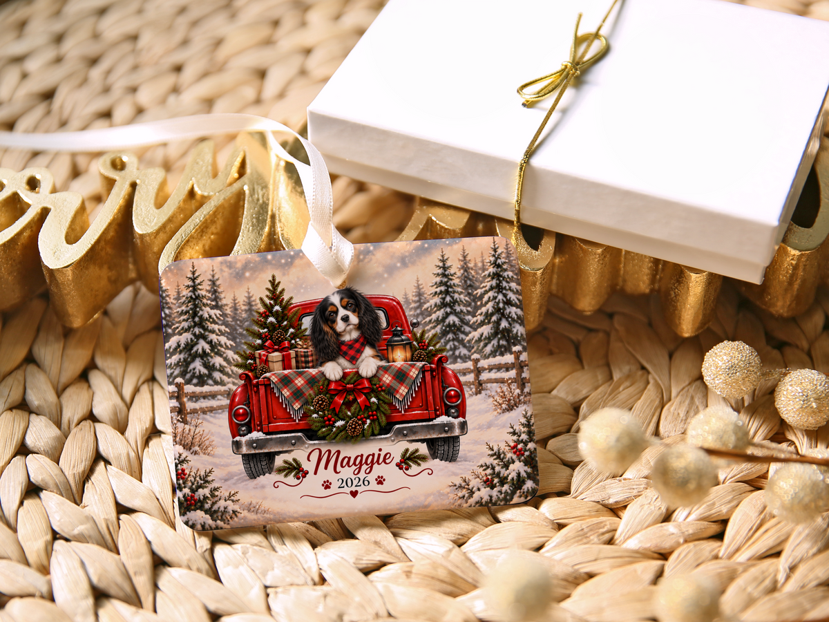Personalized Tricolor Cavalier Ornament, Christmas Red Truck, Custom Name and Year