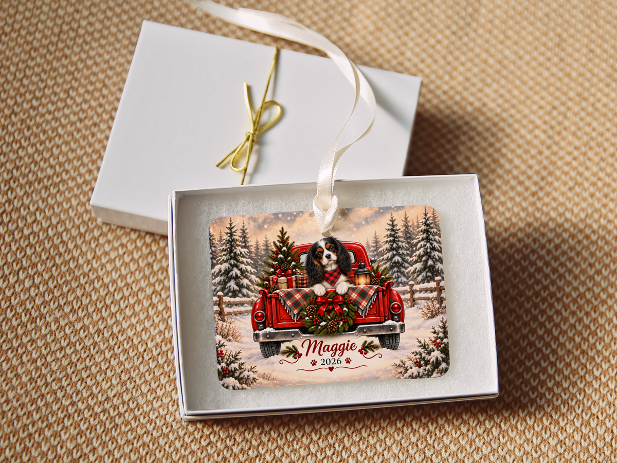 Personalized Tricolor Cavalier Ornament, Christmas Red Truck, Custom Name and Year