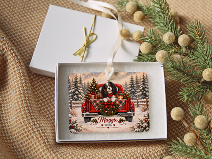 Personalized Tricolor Cavalier Ornament, Christmas Red Truck, Custom Name and Year