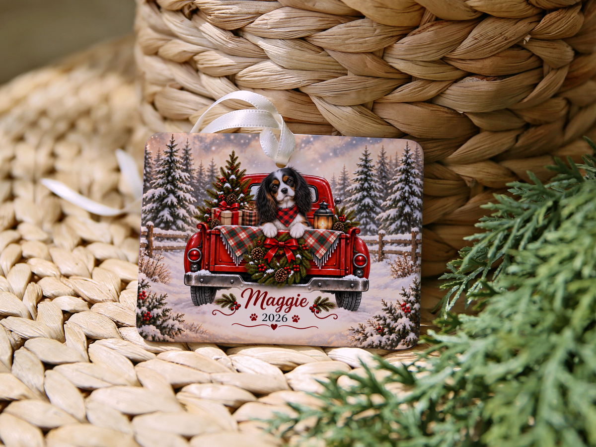 Personalized Tricolor Cavalier Ornament, Christmas Red Truck, Custom Name and Year