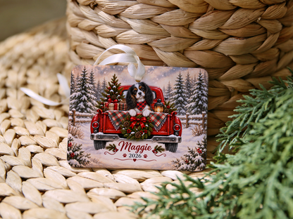 Personalized Tricolor Cavalier Ornament, Christmas Red Truck, Custom Name and Year