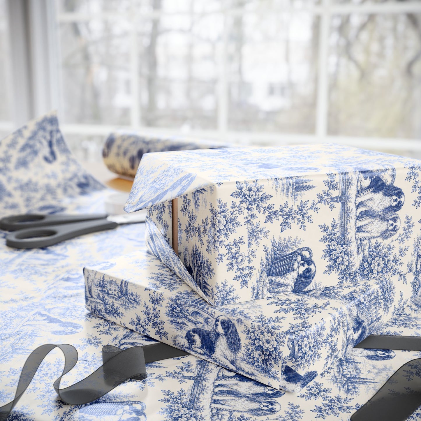 Cavalier Wrapping Paper, French Blue Toile Gift Wrap, Cavalier King Charles Spaniel Gift