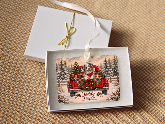 Personalized Australian Shepherd Ornament, Christmas Red Truck, Custom Name and Year