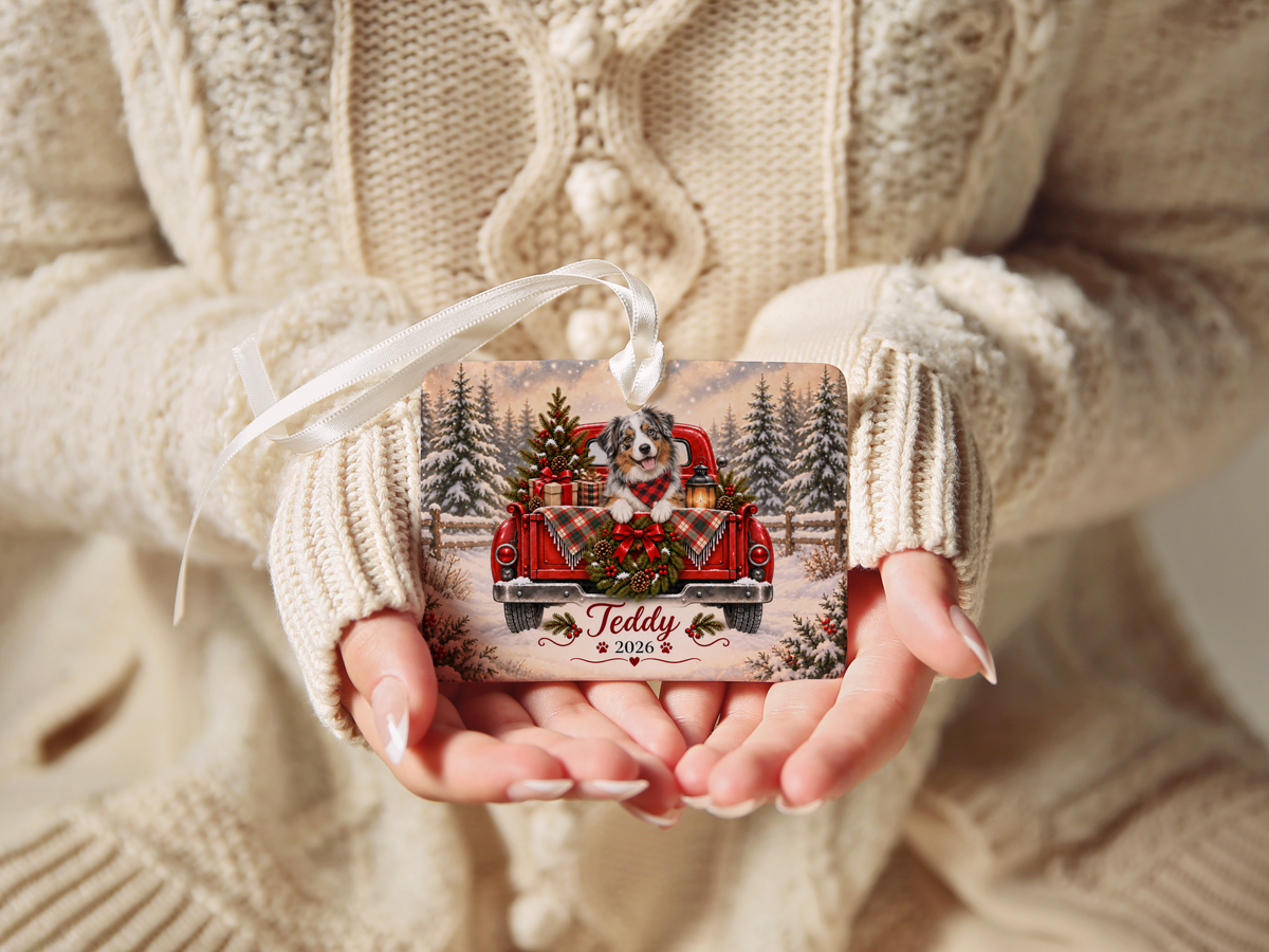 Personalized Australian Shepherd Red Truck Ornament