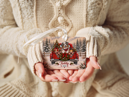 Personalized Australian Shepherd Red Truck Ornament