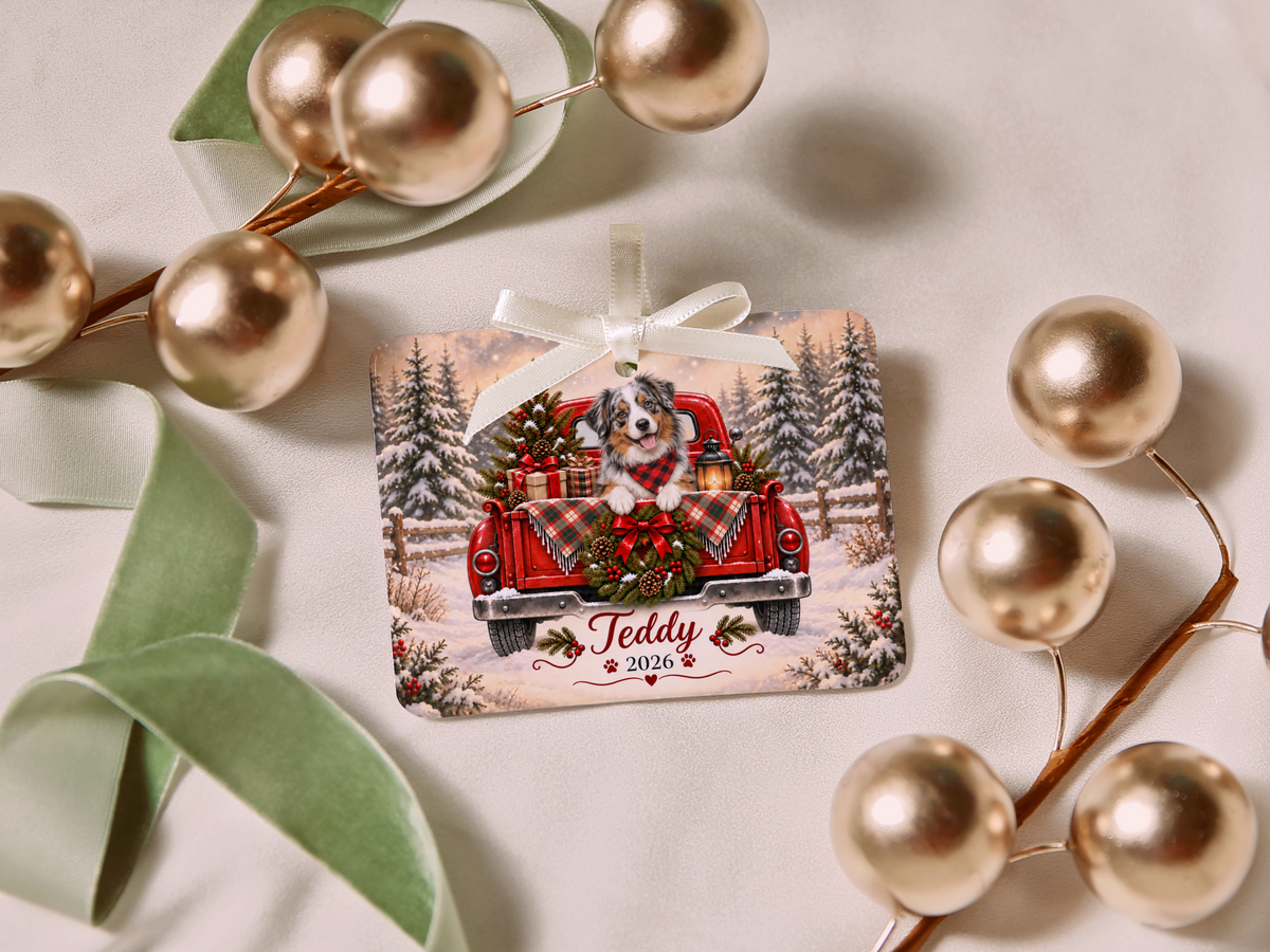 Personalized Australian Shepherd Red Truck Ornament