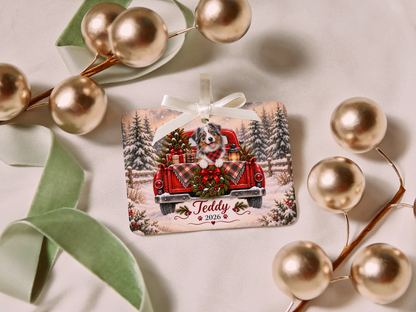 Personalized Australian Shepherd Red Truck Ornament