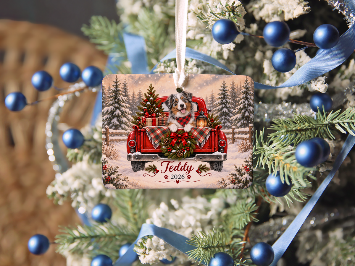 Personalized Australian Shepherd Red Truck Ornament