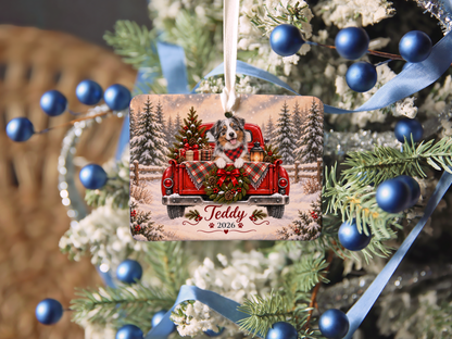 Personalized Australian Shepherd Red Truck Ornament