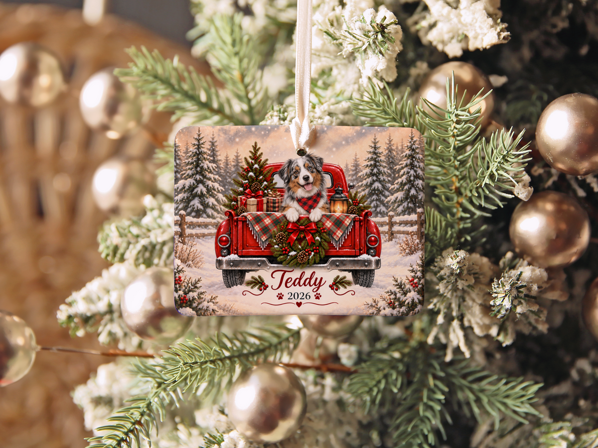 Personalized Australian Shepherd Red Truck Ornament