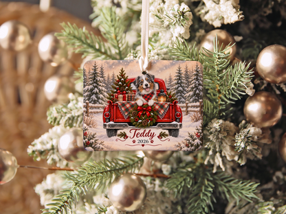 Personalized Australian Shepherd Red Truck Ornament