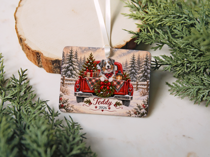 Personalized Australian Shepherd Red Truck Ornament