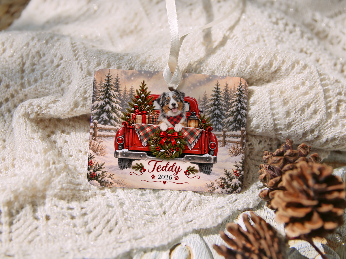 Personalized Australian Shepherd Red Truck Ornament