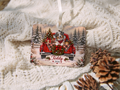 Personalized Australian Shepherd Red Truck Ornament