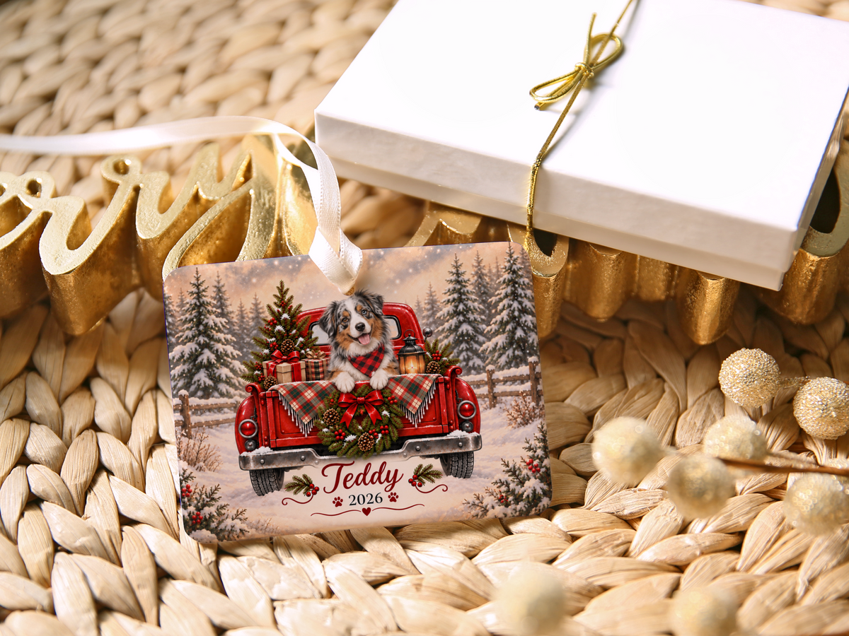 Personalized Australian Shepherd Red Truck Ornament