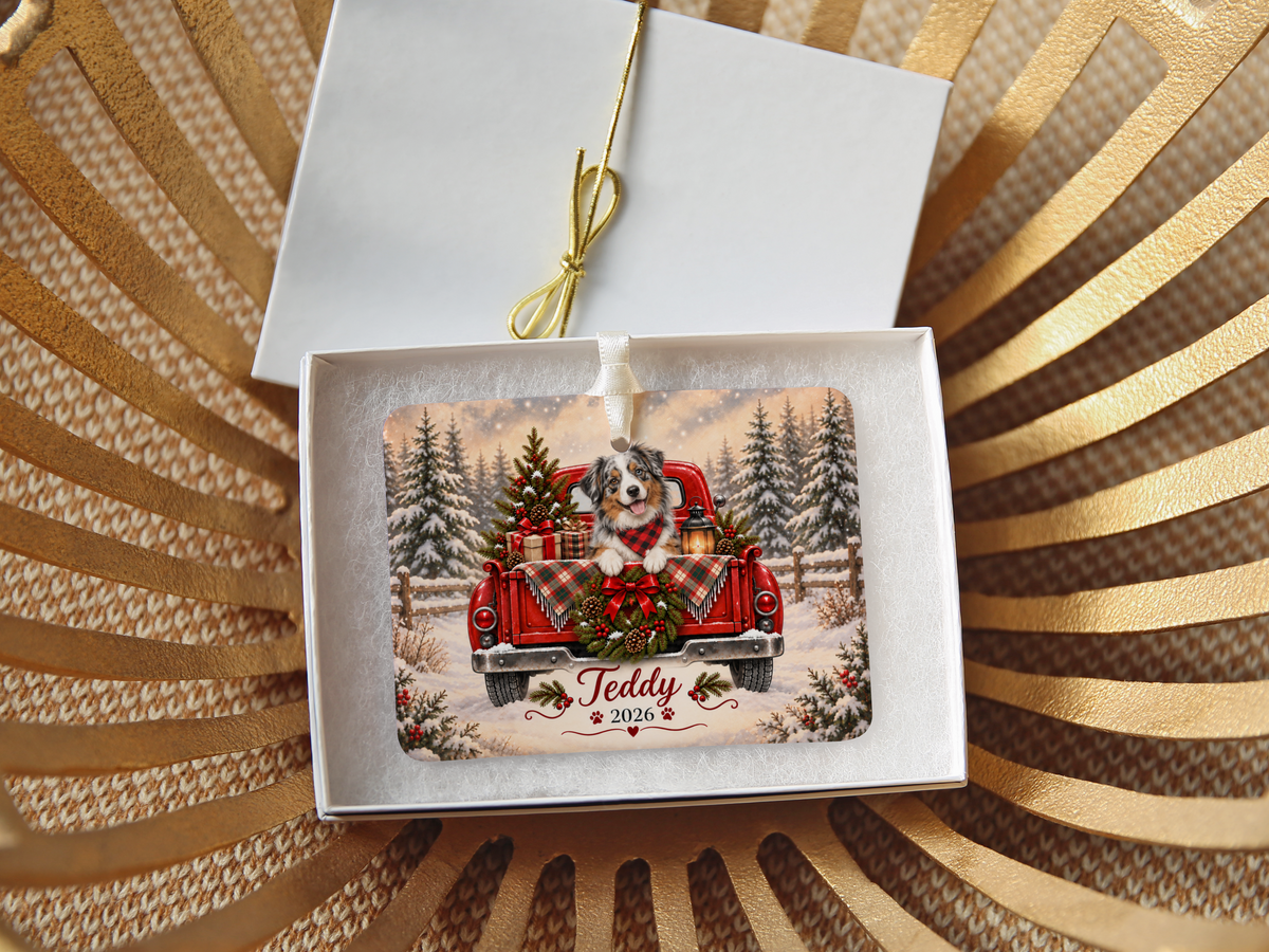 Personalized Australian Shepherd Red Truck Ornament