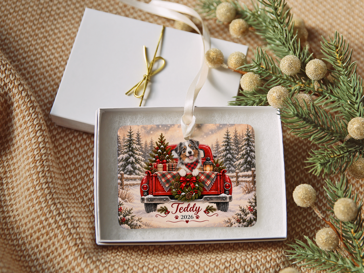 Personalized Australian Shepherd Red Truck Ornament