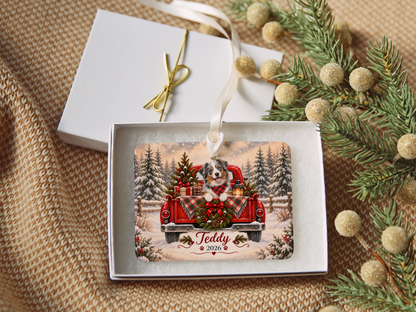 Personalized Australian Shepherd Red Truck Ornament
