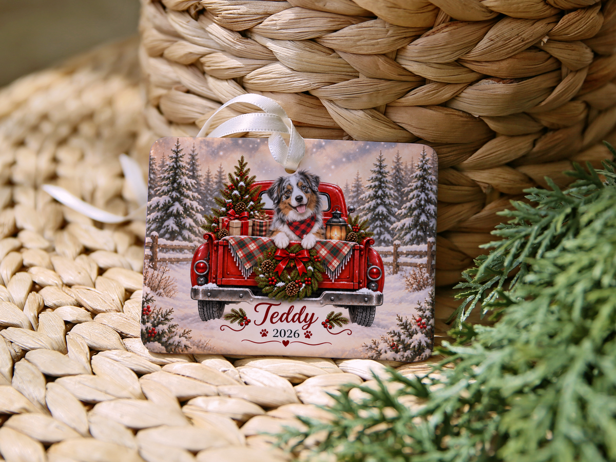 Personalized Australian Shepherd Red Truck Ornament