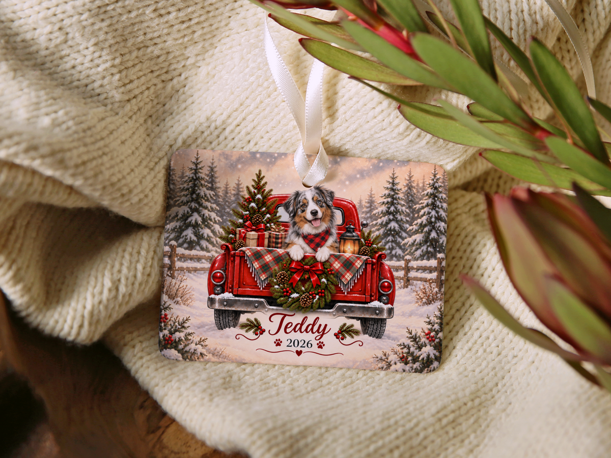Personalized Australian Shepherd Red Truck Ornament