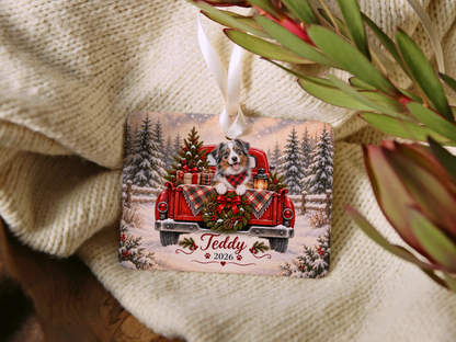 Personalized Australian Shepherd Red Truck Ornament