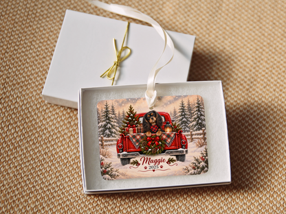 Personalized Black and Tan Cavalier Red Truck Ornament