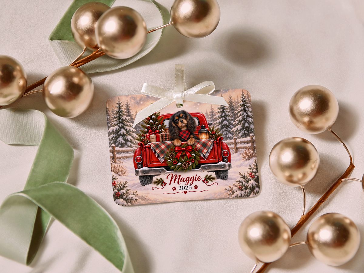 Personalized Black and Tan Cavalier Red Truck Ornament