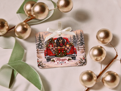 Personalized Black and Tan Cavalier Red Truck Ornament