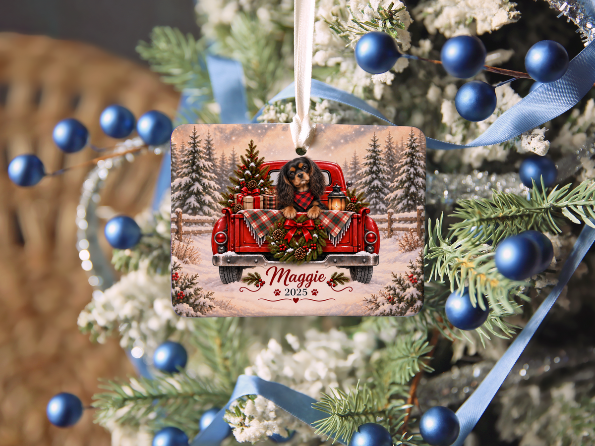 Personalized Black and Tan Cavalier Red Truck Ornament