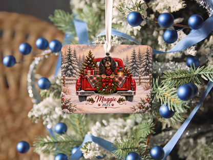 Personalized Black and Tan Cavalier Red Truck Ornament