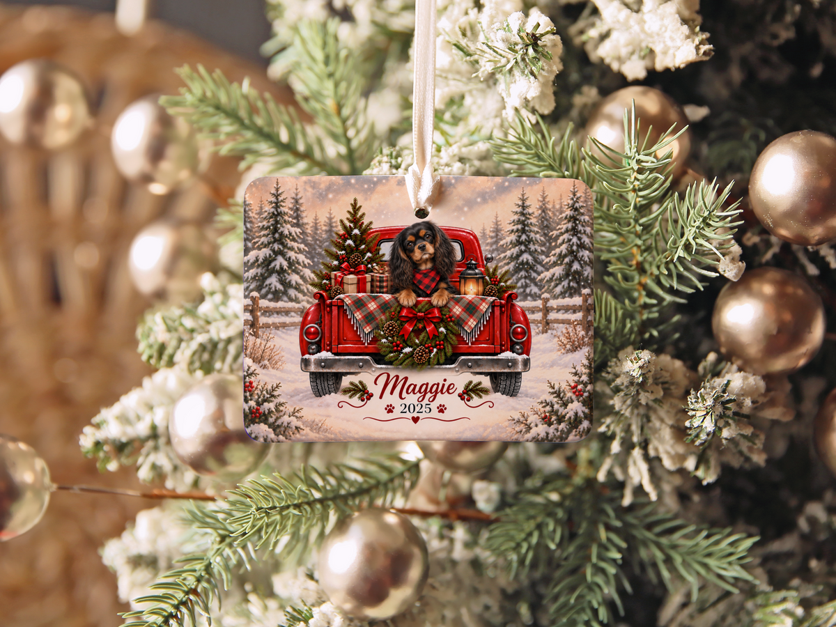 Personalized Black and Tan Cavalier Red Truck Ornament