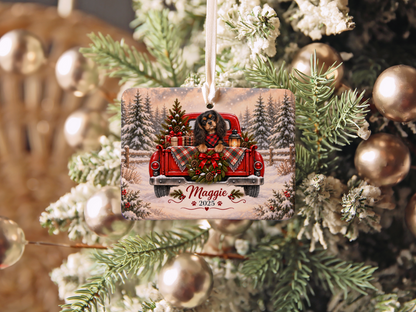 Personalized Black and Tan Cavalier Red Truck Ornament